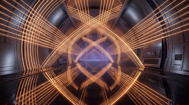 Futuristic Sci Fi Tunnel with Glowing Golden Light Arches
