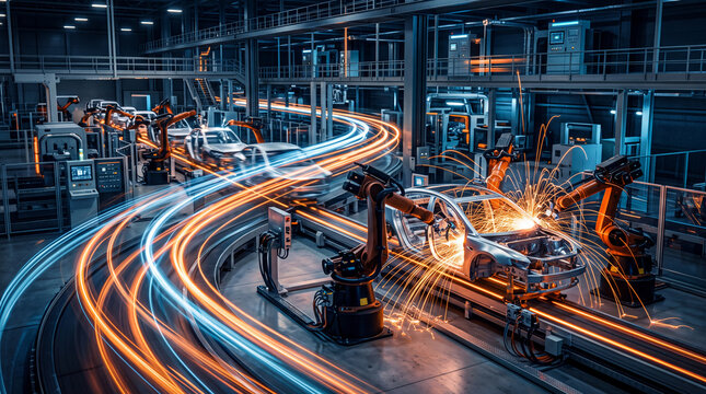 Automated Assembly Line with Industrial Robots Welding Cars