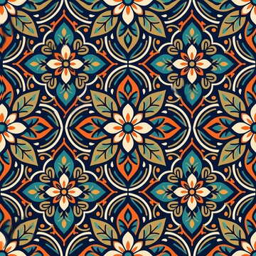 Ornate Floral Seamless Pattern with Ethnic Tile Motif