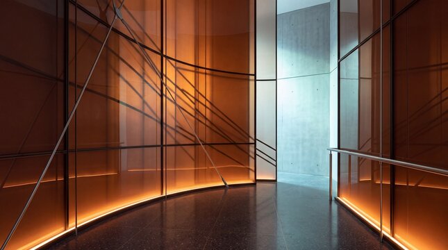 Modern Architectural Interior with Curved Amber Glass Walls