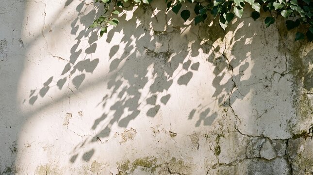Leaf Shadows and Sunlight on Weathered Stucco Wall