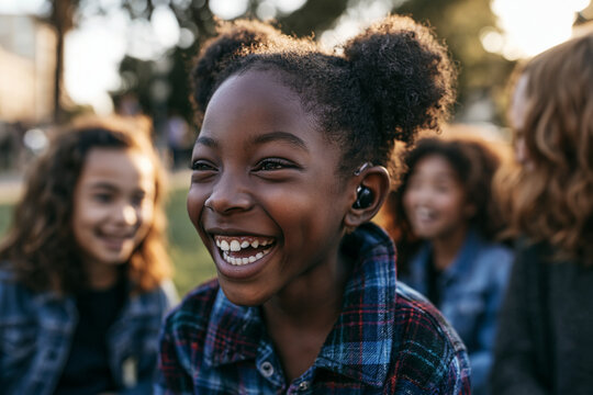 Happy African American Girl with Hearing Aid Laughing Outdoors