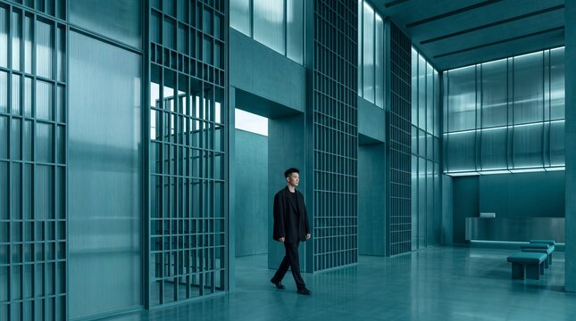 Businessman Walking Through Spacious Modern Architecture Lobby