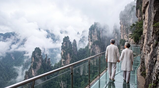 Senior Couple Walking Along Mountain Cliff Glass Walkway