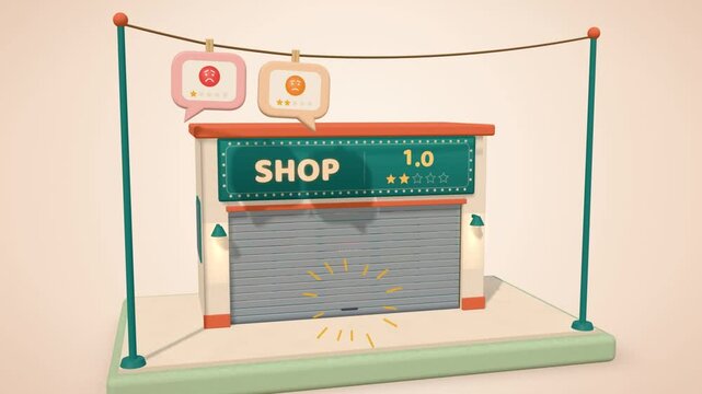 Customer review star rating rises from 1 to 5 as a 3D shop storefront opens and upgrades, with confetti