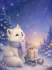 Fototapeta premium Cute winter fox with scarf beside festive gift sleigh