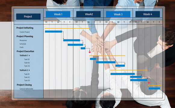 This image showcases a project management Gantt chart, illustrating team collaboration and task planning across four weeks, emphasizing effective execution and clear communication. Amity