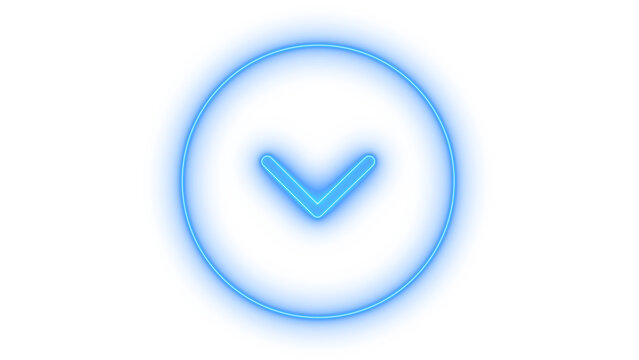 Colorful neon arrow pointing down inside a circle sign icon representing next page or scroll down action for modern web design isolated on transparent background.