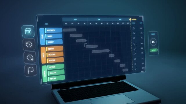 Gantt chart project timeline on a holographic laptop screen, tasks fill, a delay is flagged, progress hits 100
