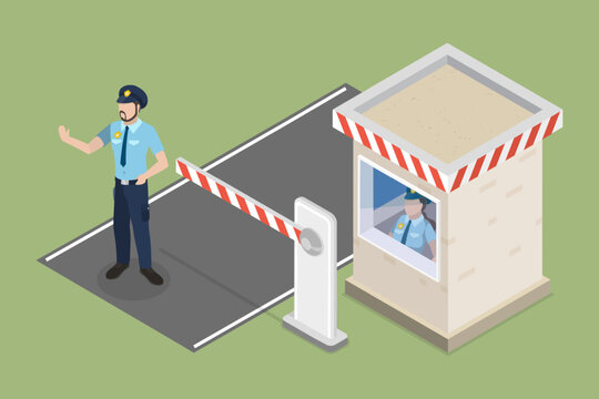 3D Isometric Flat Vector Illustration of Secure Parking, Guarded Security Post With Restricted Entrance Barrier.