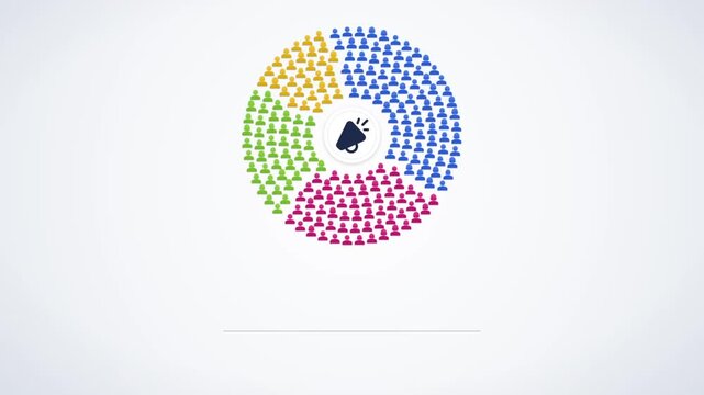 Audience segmentation infographic, people icons around a megaphone split into groups and form a bar chart