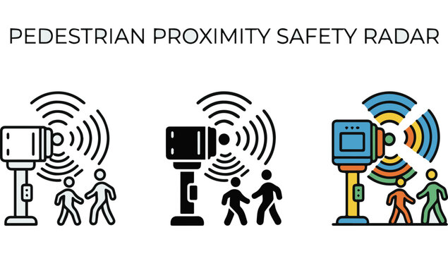 Pedestrian proximity safety radar sensor icons set featuring line, solid, and color versions of a monitoring device detecting walking people with wireless waves for security and traffic control.