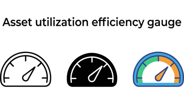 Asset utilization efficiency gauge icons set in outline, solid, and colorful styles for business performance tracking and measurement of productivity levels.
