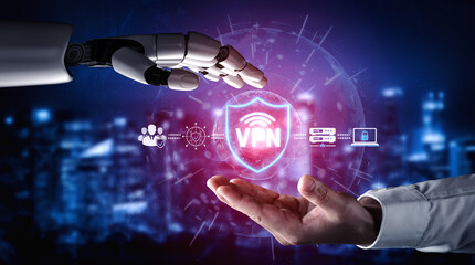 Fototapeta premium Robotic Hand Reaching for Virtual Private Network Symbol Representing Cybersecurity and Digital Protection in Modern Technology Environment Sigmoid