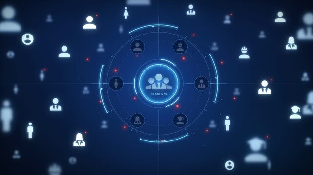 Recruitment HUD scans candidate icons for match percentage and assembles a six person team, team complete