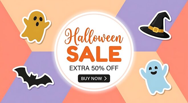 Halloween sale vertical banner with graveyard scene, ghosts, bats, and pumpkin on orange background