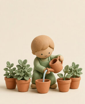 Clay boy in green overalls watering an empty terracotta pot among healthy potted plants, care, patience, gardening and waiting for growth concept