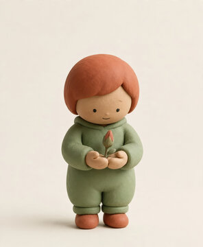 Clay figure with red hair in a green outfit gently holding a small flower bud in cupped hands, care, fragile hope, new life and tenderness concept on a beige background