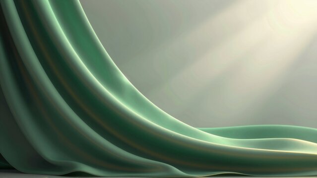 close green fabric flowing wind fabric appears silky material has smooth texture color fabric vibrant shade green subtle sheen catches light background gradient light grey white creating soft dreamy