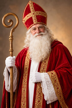 Photorealistic Saint Nicholas portrait in traditional red bishop robes and mitre, holding a wooden crozier, with a warm Christmas atmosphere and dignified expression.