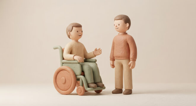 Clay man in a wheelchair talking with a standing man in a sweater, friendly conversation, inclusion, equality and disability awareness concept with copy space