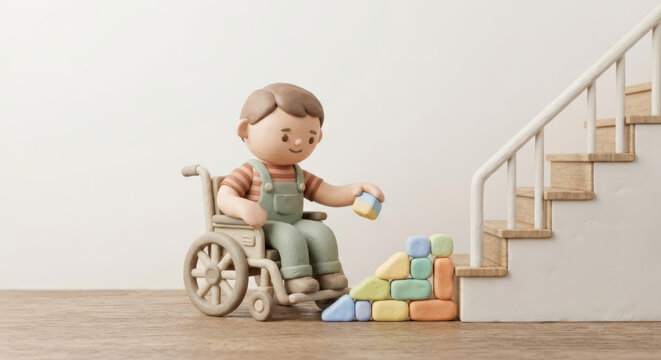 Clay boy in a wheelchair building a ramp from colorful blocks next to a staircase, overcoming barriers, accessibility and independence concept
