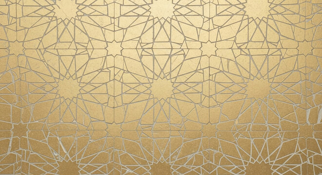 Gleaming golden surface featuring intricate traditional geometric patterns reminiscent of luxurious middle eastern architecture creating an ornate metallic texture suitable for festive holiday