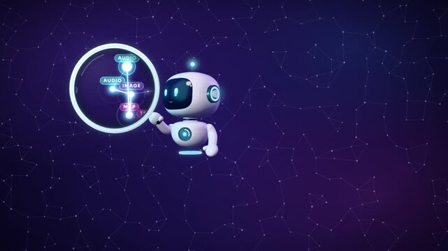 AI robot with a magnifying glass discovering data nodes that form a glowing constellation network