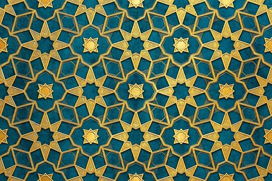 Seamless gold stars and polygons geometric pattern on dark turquoise background