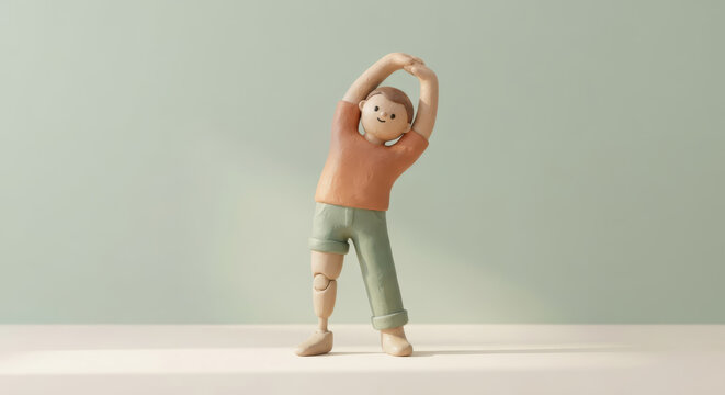 Clay man with a prosthetic leg doing a side stretch with arms raised, active lifestyle, rehabilitation, disability and inclusion concept with copy space