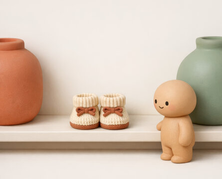 Clay figure looking at a pair of knitted baby booties on a shelf between two vases, longing for a child, waiting for a baby and infertility concept with copy space