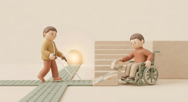 Clay blind man with a white cane walking on tactile paving and a wheelchair user placing a ramp at stairs, accessible city, inclusion and barrier-free environment concept