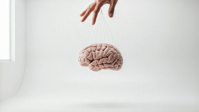 Human hand controlling brain like puppet on strings conceptual image