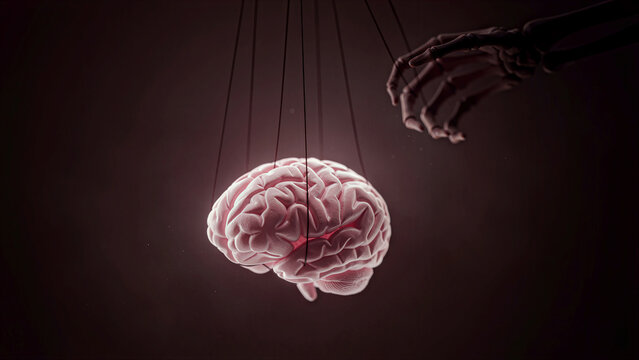 Human Brain Suspended Like Puppet Strings Controlled By Skeletal Hand