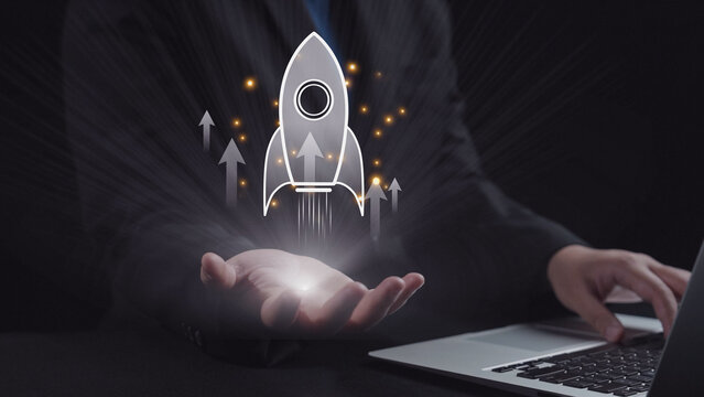 Startup launch and business growth concept, rocket symbolism, entrepreneurship, startup innovation, and early-stage success strategies for new business development and expansion. Elide