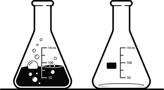 Two laboratory glass beakers with liquid and bubbles for scientific research and chemical experiments