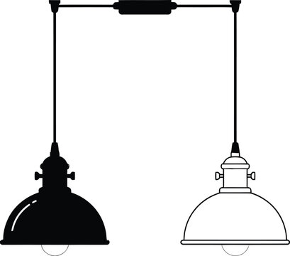 Two industrial hanging pendant lamps with dome shades in black and white line art style