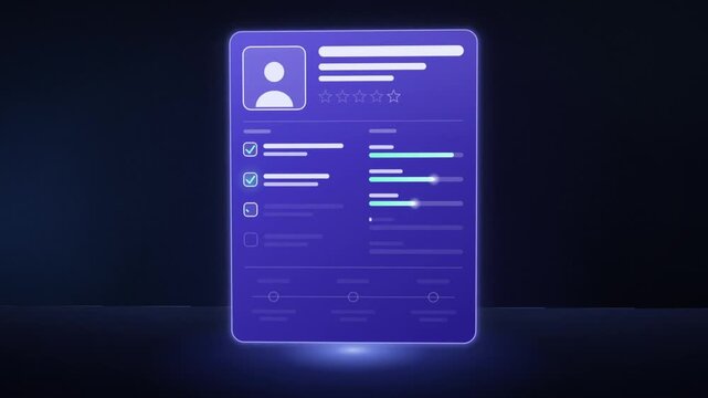 Holographic resume template assembling on a dark stage, followed by two CV designs in teal and orange