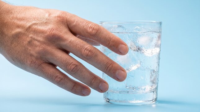 Hand reaching for a cold glass of fresh water with ice cubes on blue