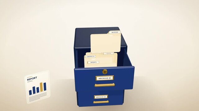 Filing cabinet storing invoice, contract and report documents in folders before the drawers close shut