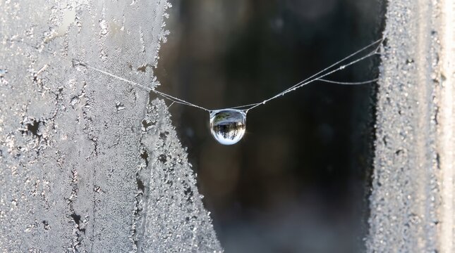 Single water drop hanging on spider silk against frozen window glass
