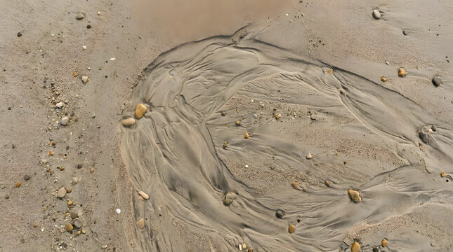 Natural ripple patterns and pebbles on sandy beach.