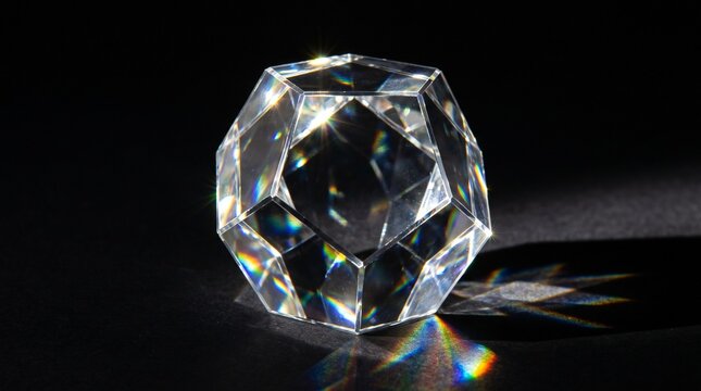 Transparent crystal dodecahedron reflecting prismatic light on black