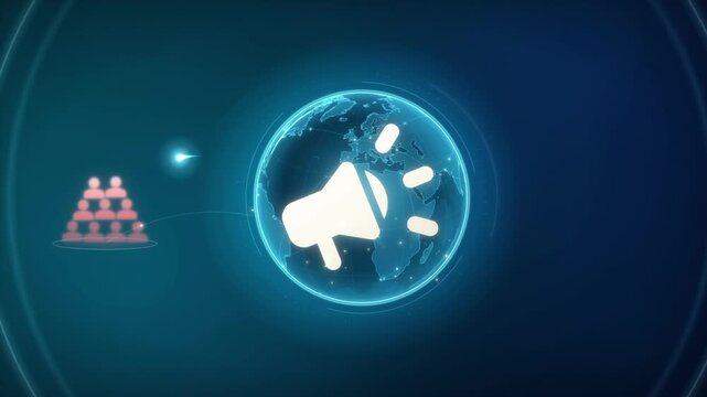Megaphone on a glowing globe broadcasting to audience groups, then targeting one highlighted segment