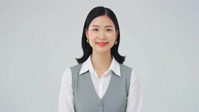 女性受付スタッフが純白の背景で襟元に手を添え灰色のベスト姿で穏やかな自信を見せる様子を自然な形で描く