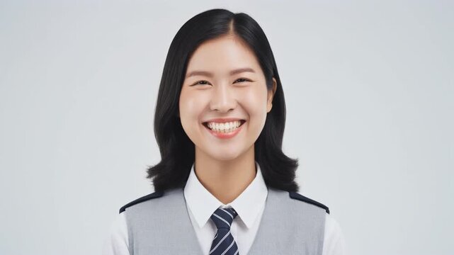 女性スタッフが純白の背景で灰色のベストと紺色のネクタイを着け目元を細めて明るく笑う様子を具体的に描く