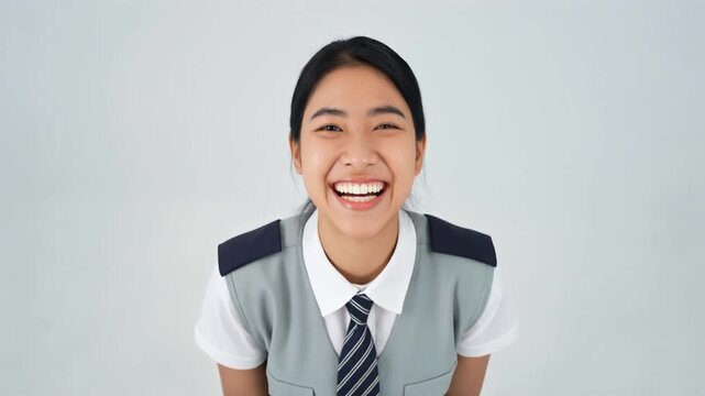 女性スタッフが明るい白背景で灰色のベストと紺色のネクタイを着け爽やかな笑顔を見せる様子を具体的に描く