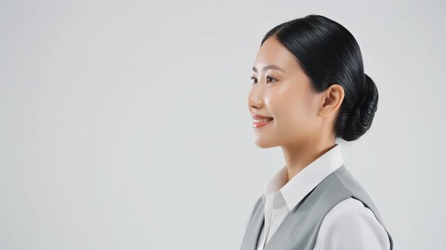 女性受付スタッフが白い背景で灰色のベスト姿の襟元へ手を添え上品な身だしなみを整える様子を具体的に描く