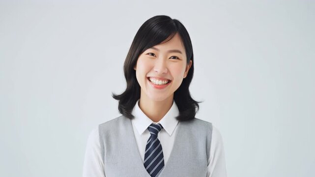 女性スタッフが白い背景で灰色のベストと紺色のネクタイを着け自然で快活な笑顔を見せる様子を具体的に描く