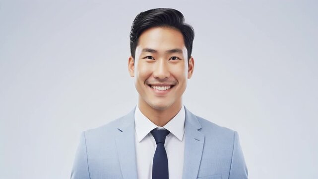 男性スタッフが純白の背景で淡い水色のスーツを着け前方を見ながら穏やかな笑顔を浮かべる様子を丁寧に描く